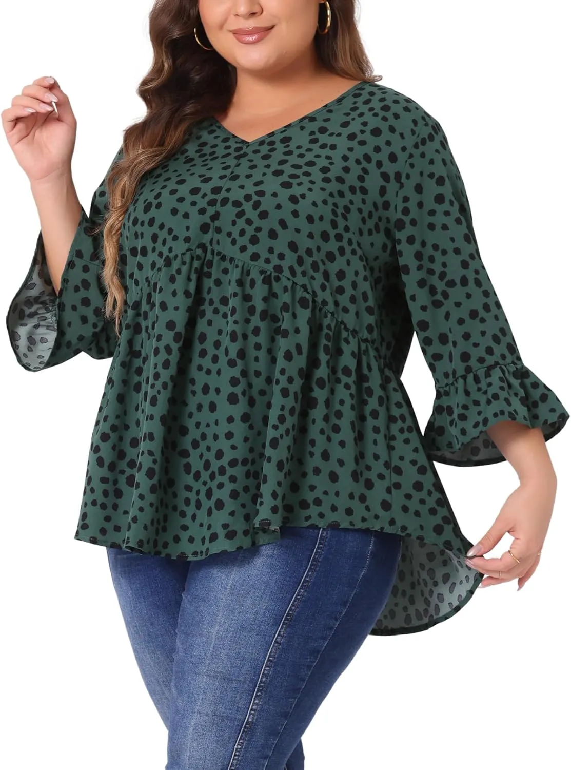 Agnes Orinda Plus Size Polka Dots Blouses for Women V Neck 3/4 Ruffle Sleeve Peplum Tops