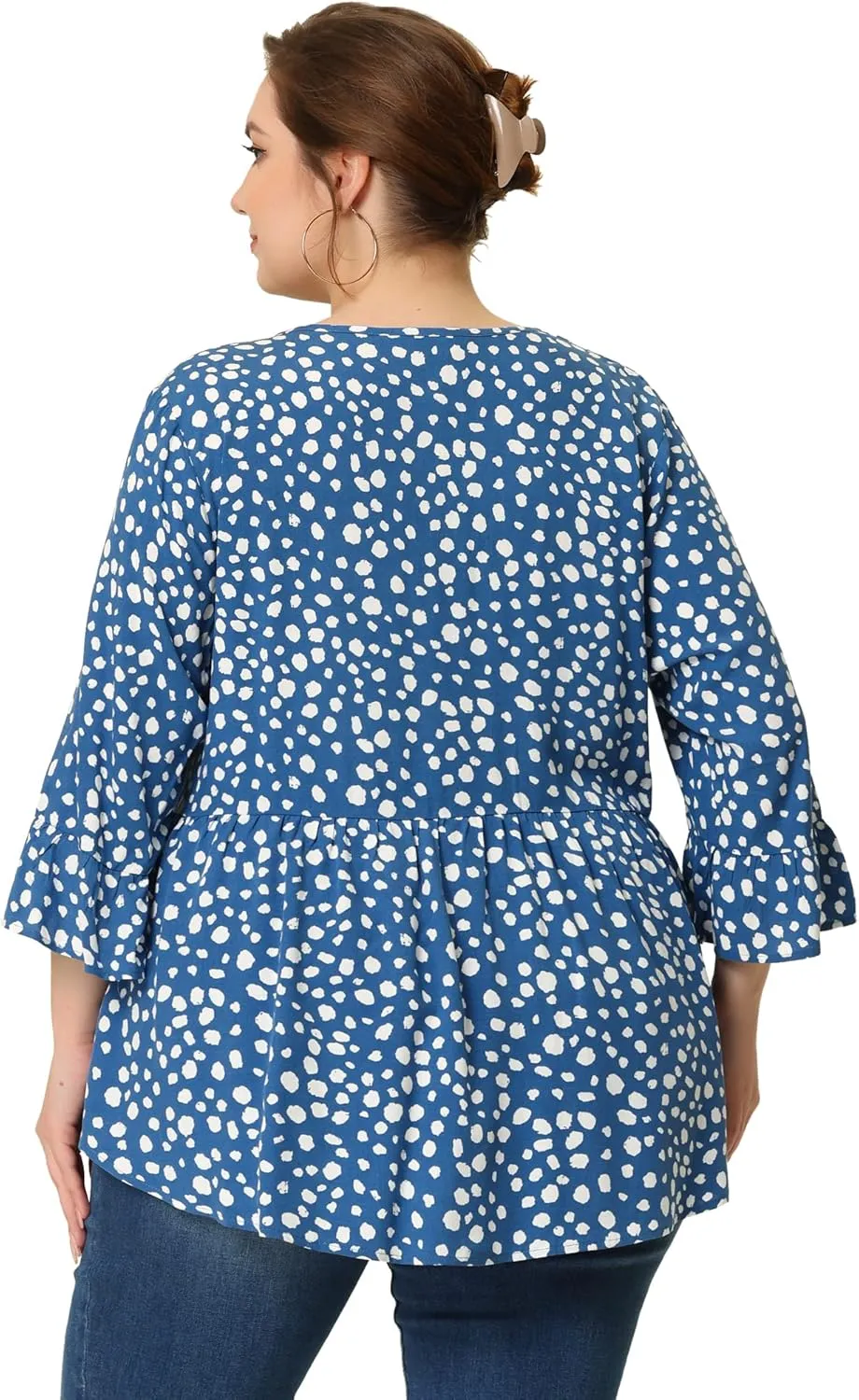 Agnes Orinda Plus Size Polka Dots Blouses for Women V Neck 3/4 Ruffle Sleeve Peplum Tops