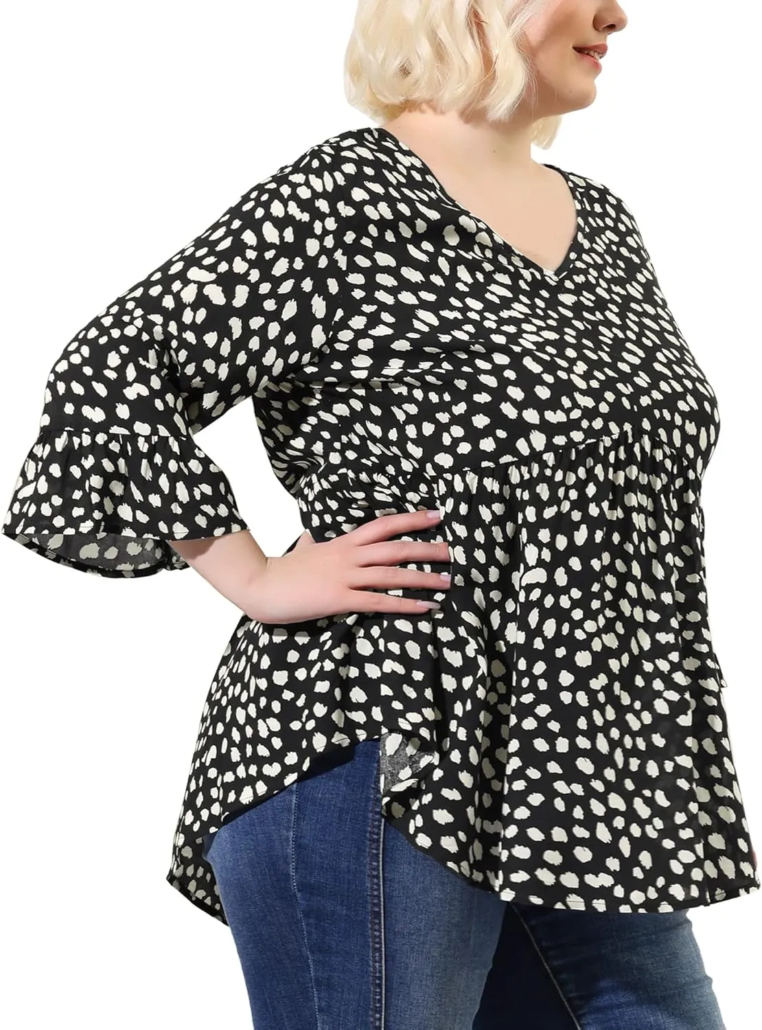 Agnes Orinda Plus Size Polka Dots Blouses for Women V Neck 3/4 Ruffle Sleeve Peplum Tops