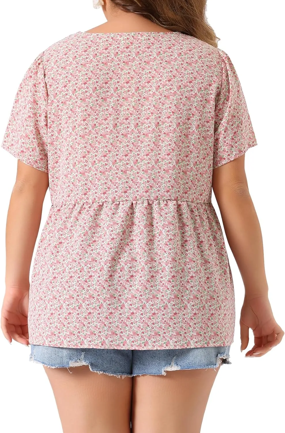 Agnes Orinda Plus Size Top for Women Chiffon Shirts V Neck Ruffle Short Sleeve Floral Peplum Tops