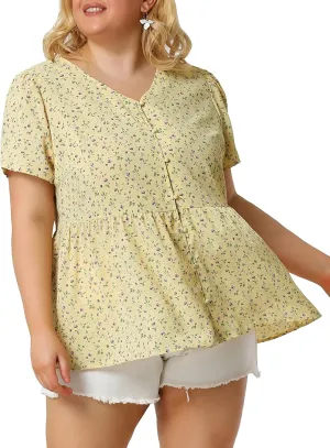 Agnes Orinda Plus Size Top for Women Chiffon Shirts V Neck Ruffle Short Sleeve Floral Peplum Tops