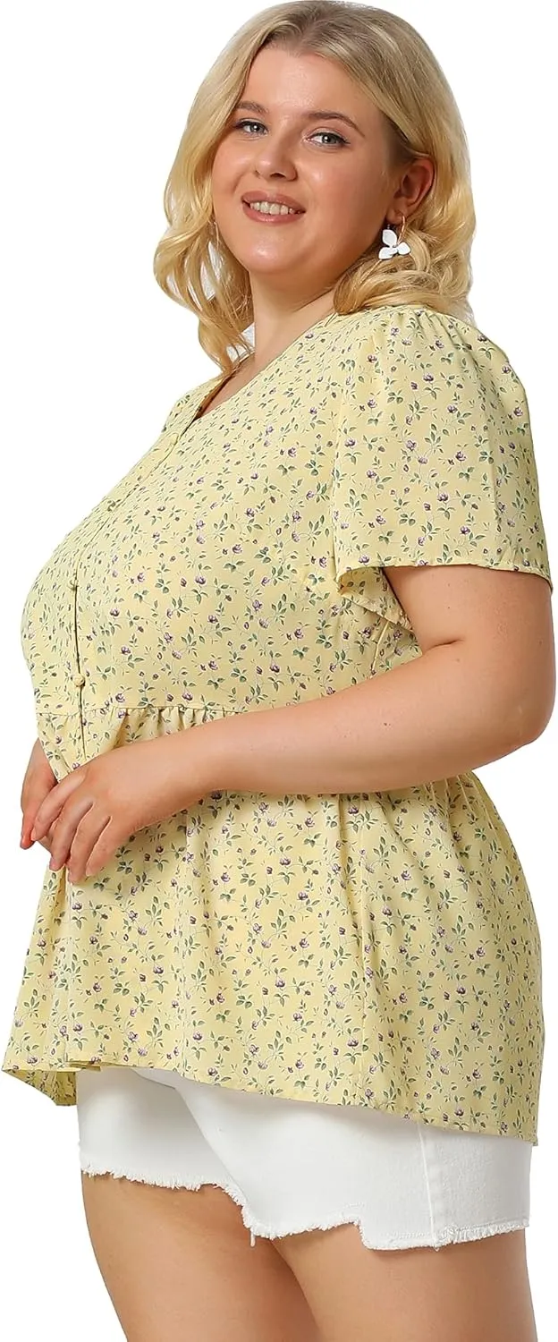 Agnes Orinda Plus Size Top for Women Chiffon Shirts V Neck Ruffle Short Sleeve Floral Peplum Tops