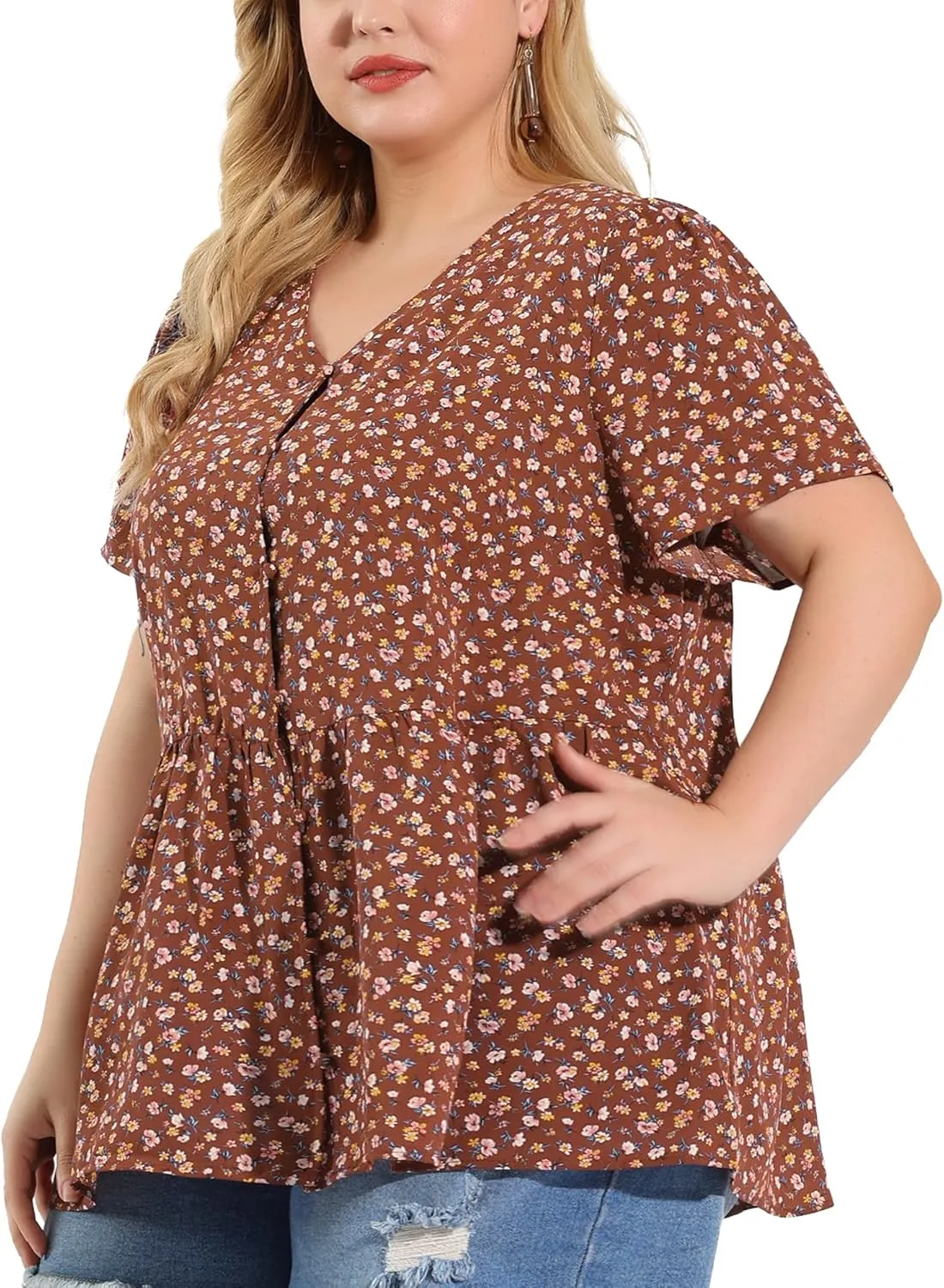 Agnes Orinda Plus Size Top for Women Chiffon Shirts V Neck Ruffle Short Sleeve Floral Peplum Tops
