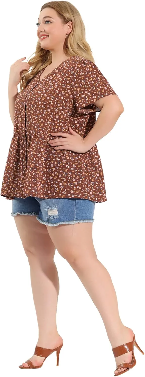 Agnes Orinda Plus Size Top for Women Chiffon Shirts V Neck Ruffle Short Sleeve Floral Peplum Tops