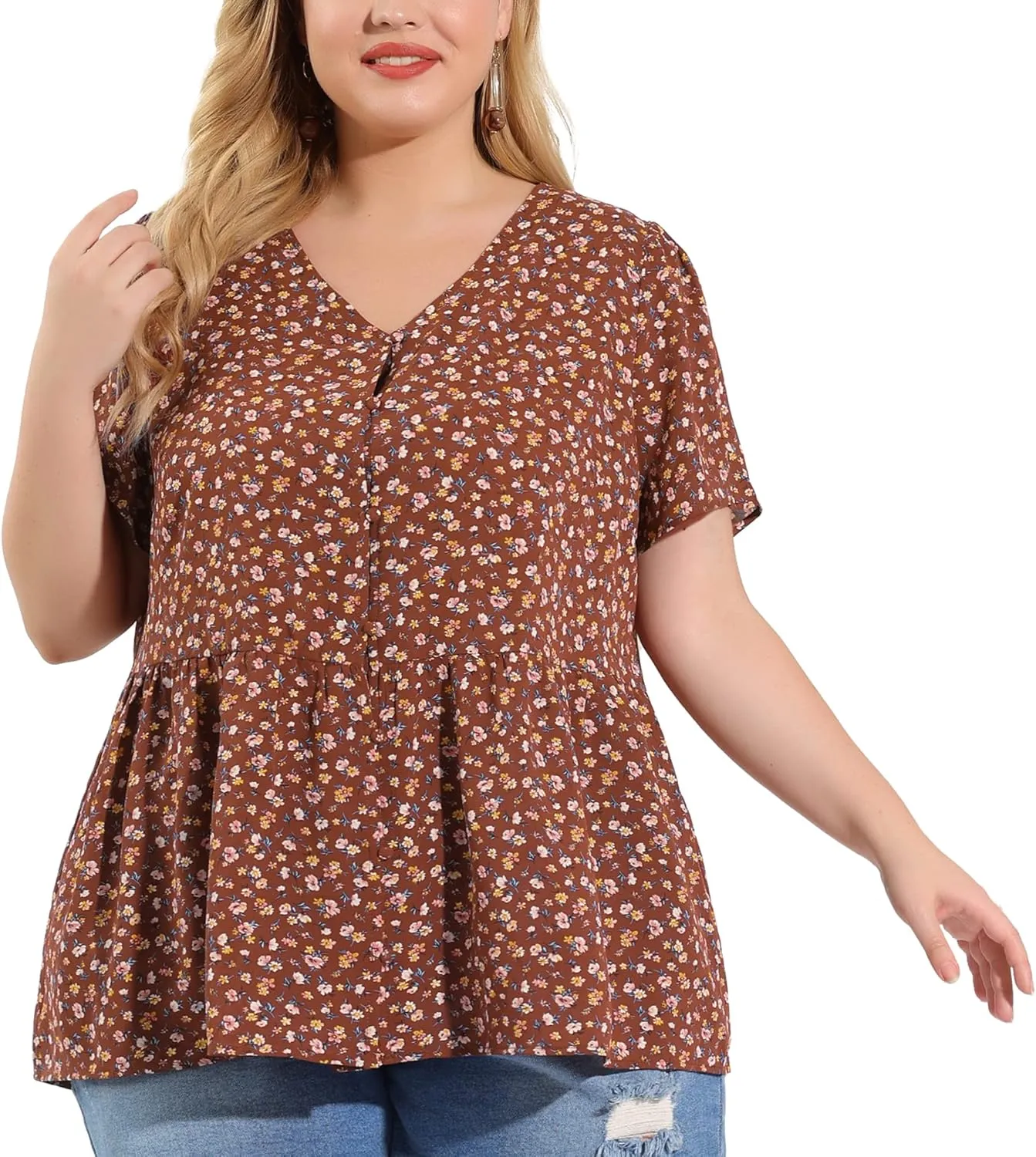 Agnes Orinda Plus Size Top for Women Chiffon Shirts V Neck Ruffle Short Sleeve Floral Peplum Tops