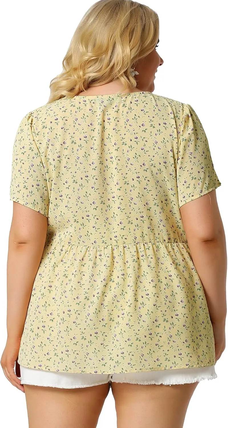 Agnes Orinda Plus Size Top for Women Chiffon Shirts V Neck Ruffle Short Sleeve Floral Peplum Tops