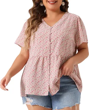 Agnes Orinda Plus Size Top for Women Chiffon Shirts V Neck Ruffle Short Sleeve Floral Peplum Tops