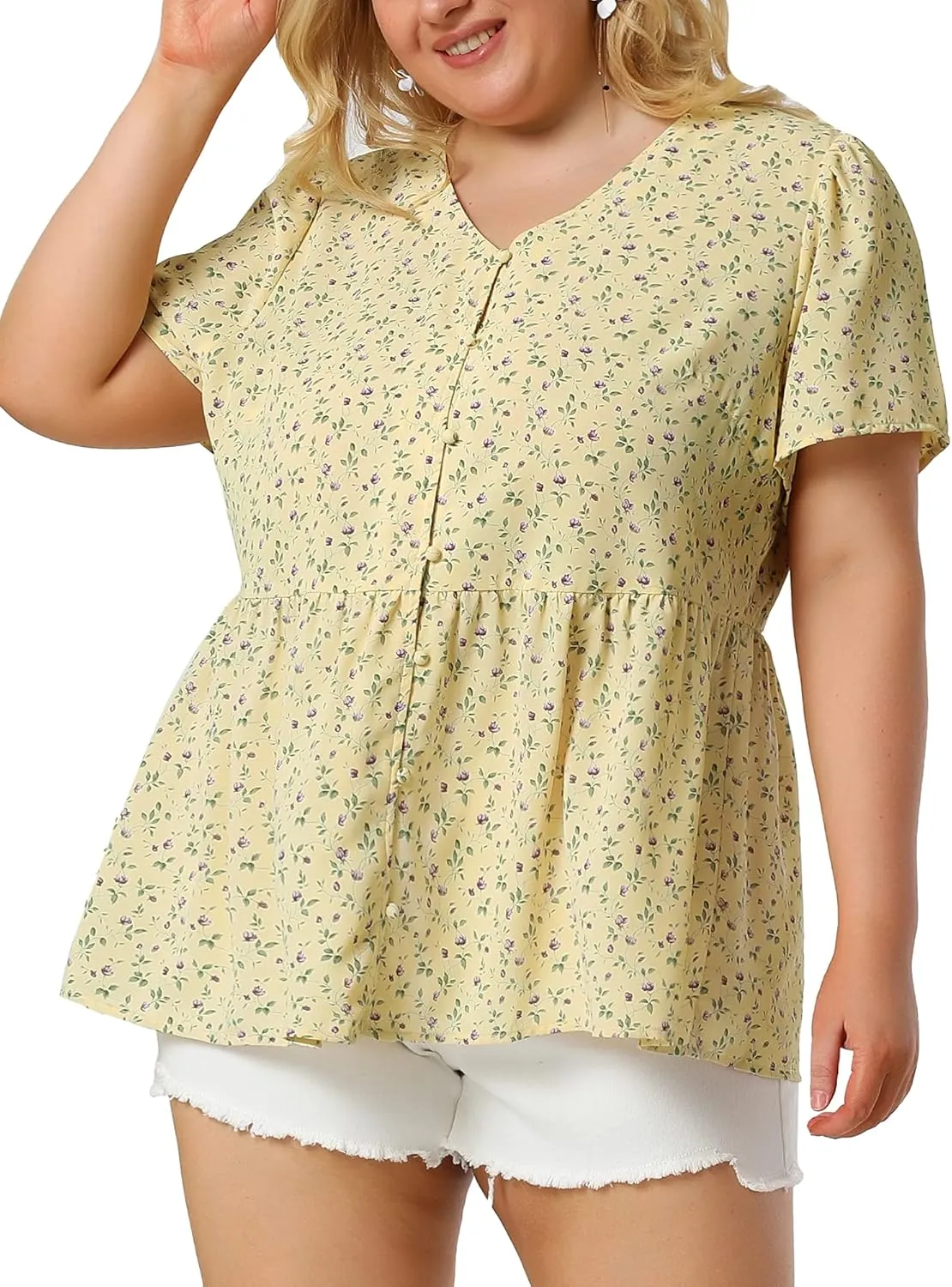 Agnes Orinda Plus Size Top for Women Chiffon Shirts V Neck Ruffle Short Sleeve Floral Peplum Tops