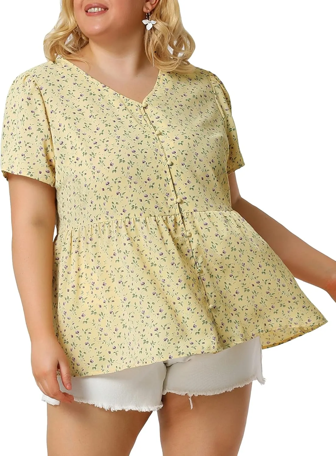 Agnes Orinda Plus Size Top for Women Chiffon Shirts V Neck Ruffle Short Sleeve Floral Peplum Tops
