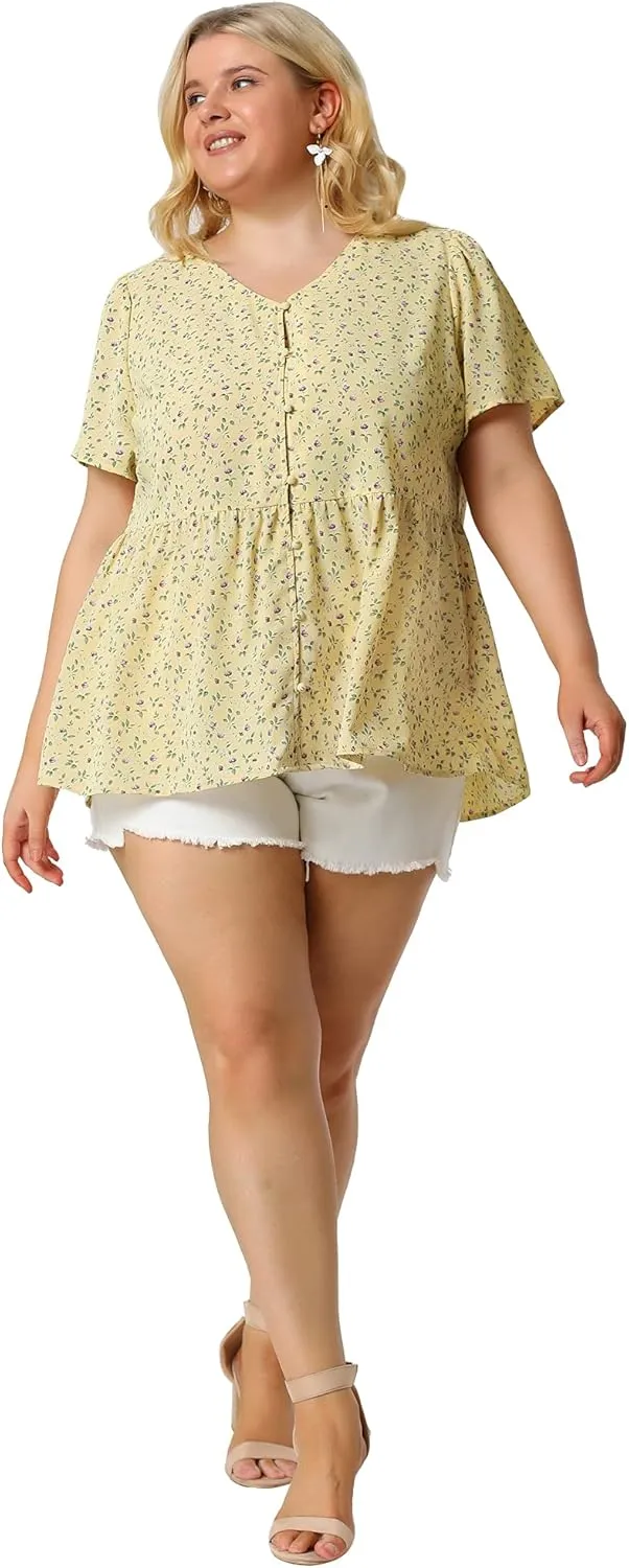 Agnes Orinda Plus Size Top for Women Chiffon Shirts V Neck Ruffle Short Sleeve Floral Peplum Tops