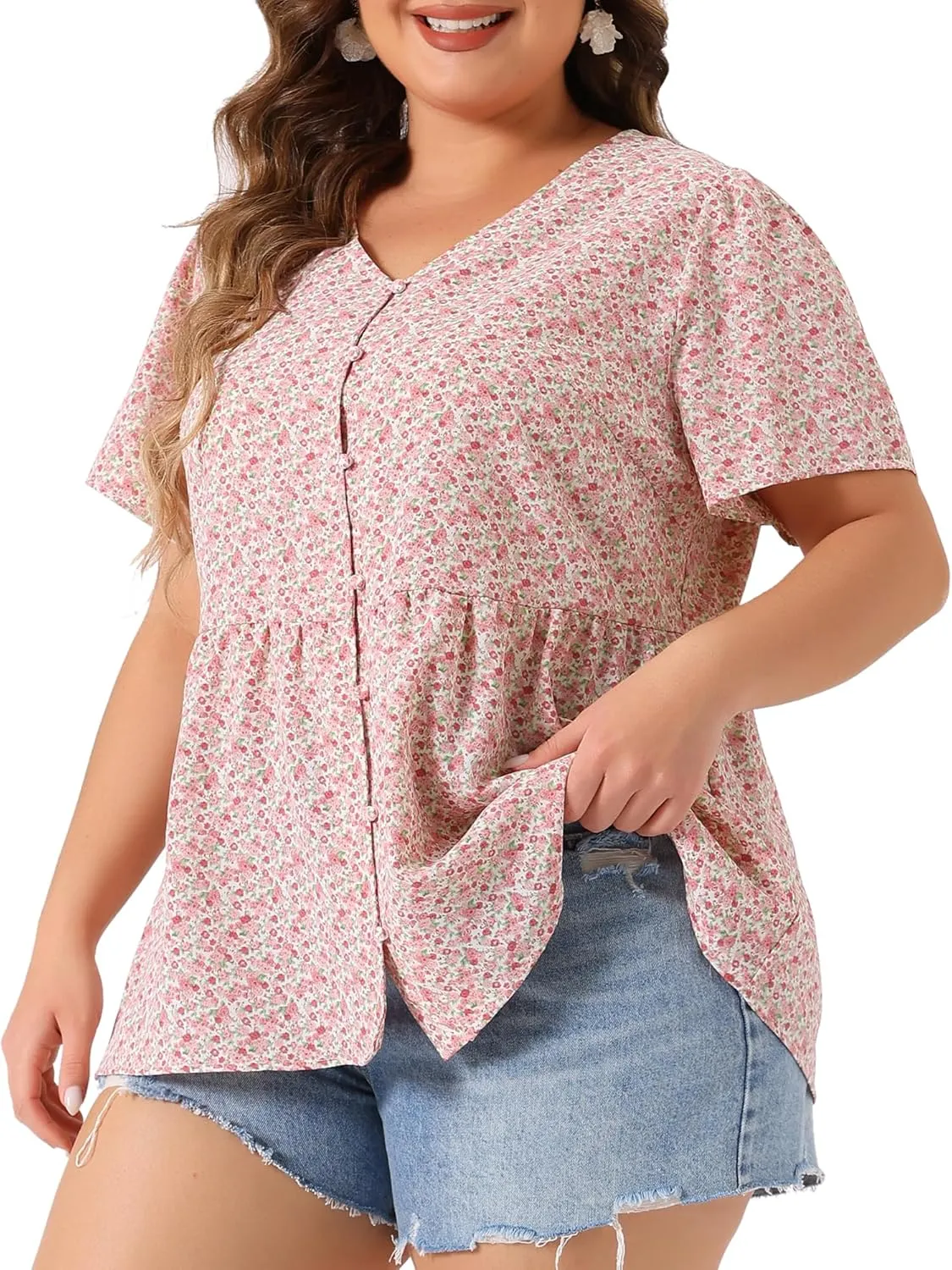 Agnes Orinda Plus Size Top for Women Chiffon Shirts V Neck Ruffle Short Sleeve Floral Peplum Tops