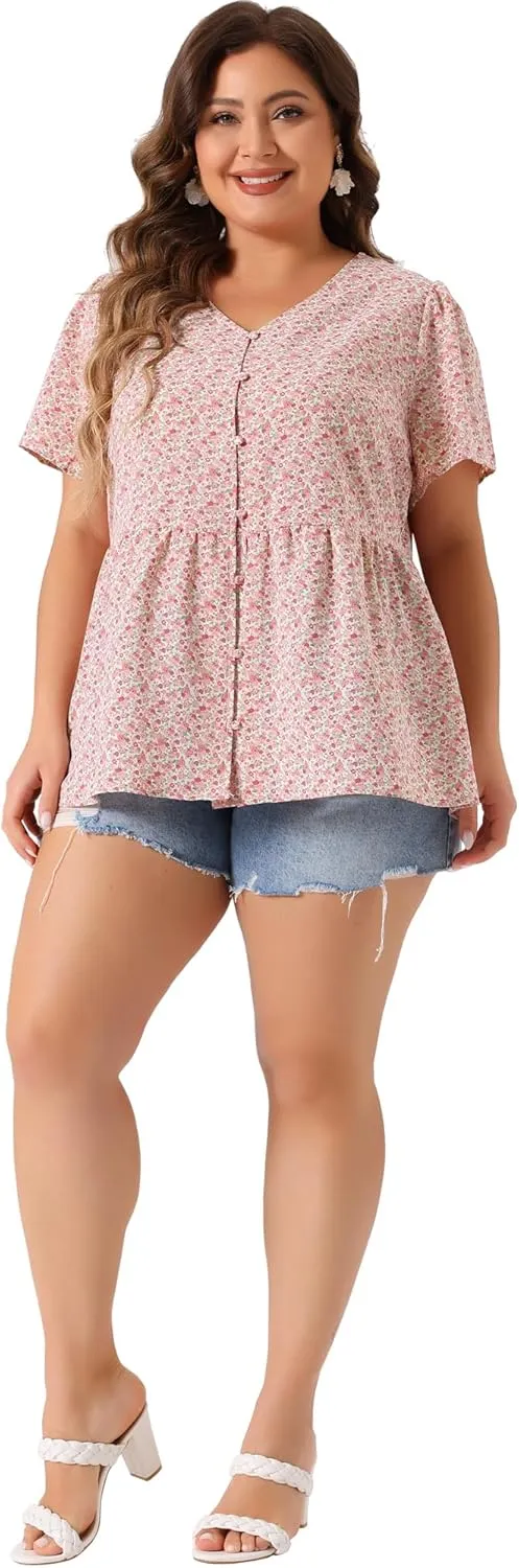Agnes Orinda Plus Size Top for Women Chiffon Shirts V Neck Ruffle Short Sleeve Floral Peplum Tops