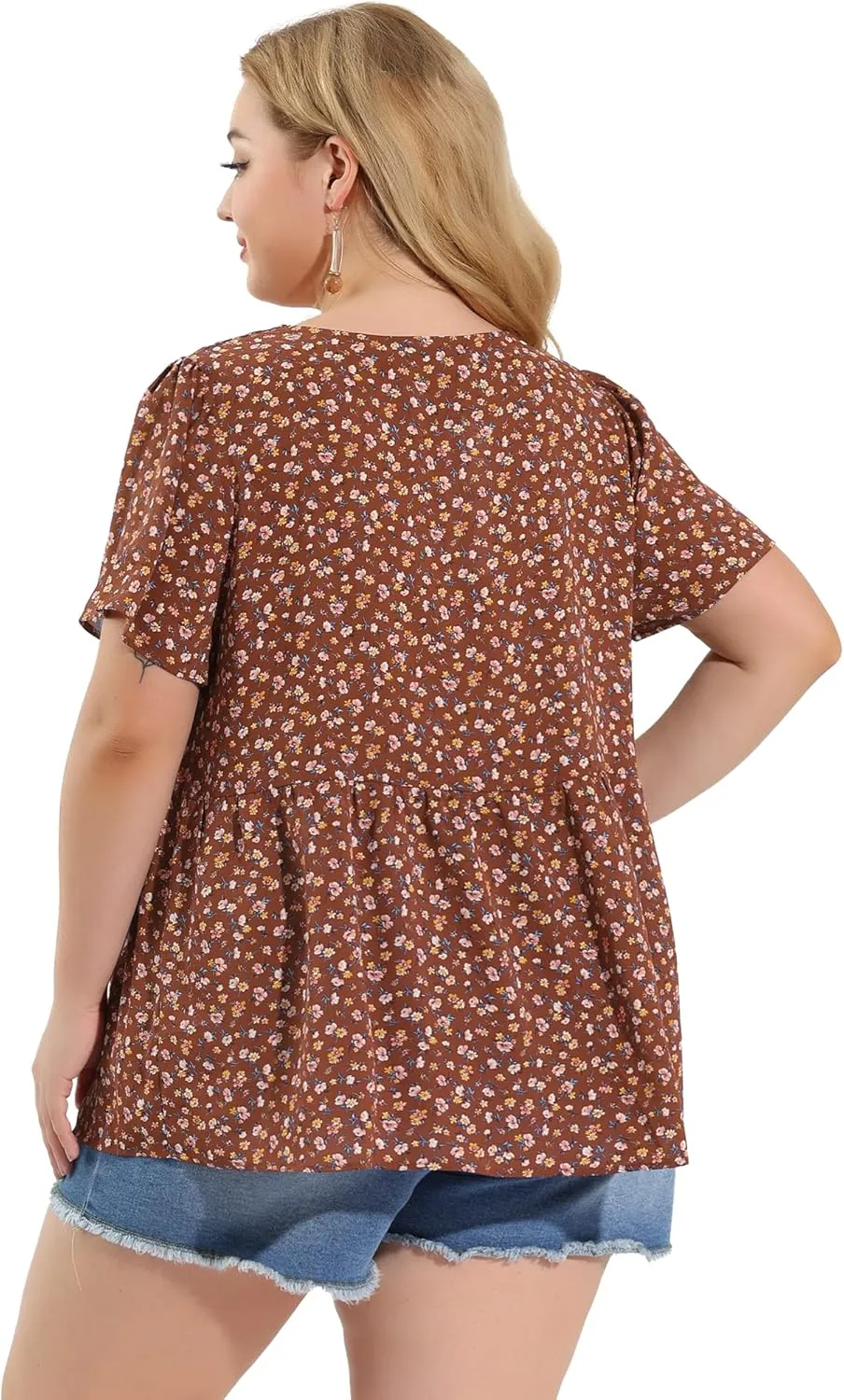 Agnes Orinda Plus Size Top for Women Chiffon Shirts V Neck Ruffle Short Sleeve Floral Peplum Tops