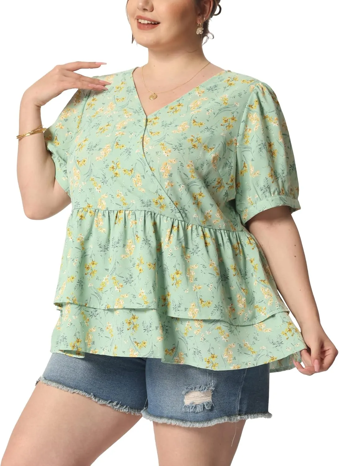Agnes Orinda Plus Size Women's Blouse V Neck Short Sleeve Layered Peplum Tops 2024 Summer Floral Blouses