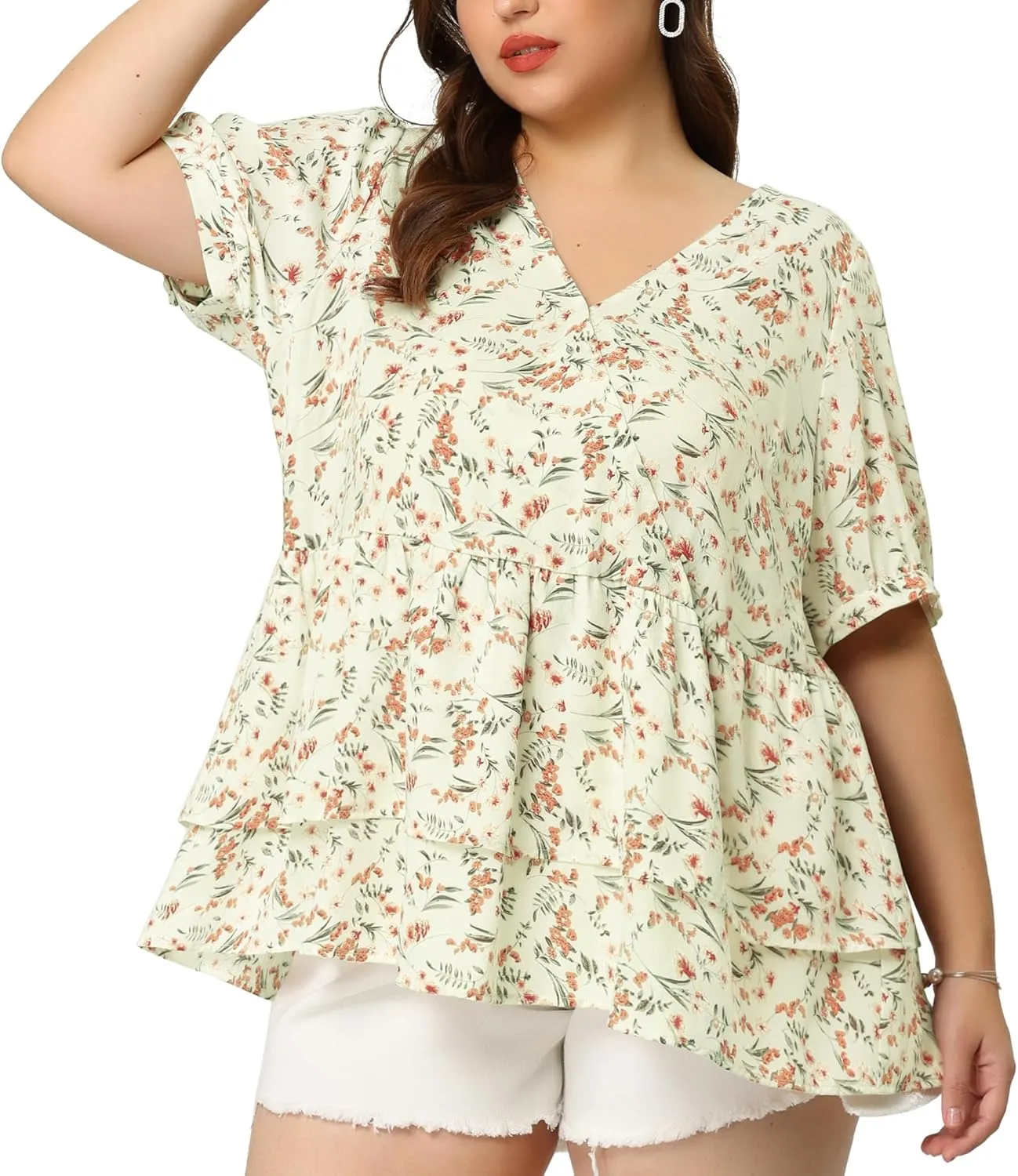 Agnes Orinda Plus Size Women's Blouse V Neck Short Sleeve Layered Peplum Tops 2024 Summer Floral Blouses