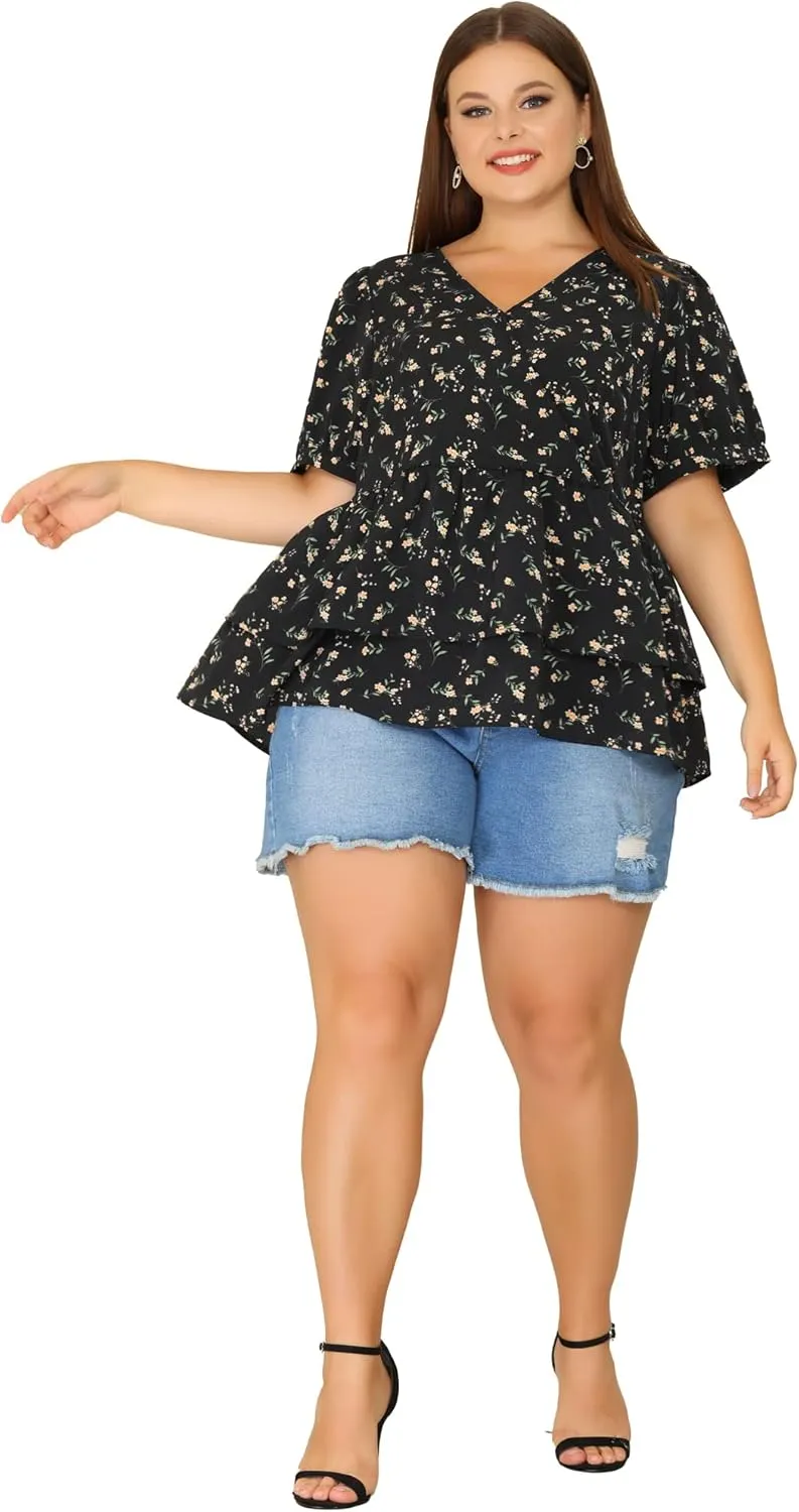 Agnes Orinda Plus Size Women's Blouse V Neck Short Sleeve Layered Peplum Tops 2024 Summer Floral Blouses