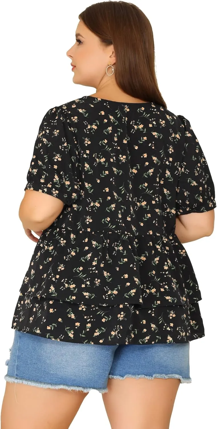 Agnes Orinda Plus Size Women's Blouse V Neck Short Sleeve Layered Peplum Tops 2024 Summer Floral Blouses