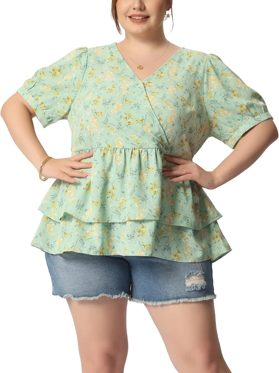 Agnes Orinda Plus Size Women's Blouse V Neck Short Sleeve Layered Peplum Tops 2024 Summer Floral Blouses
