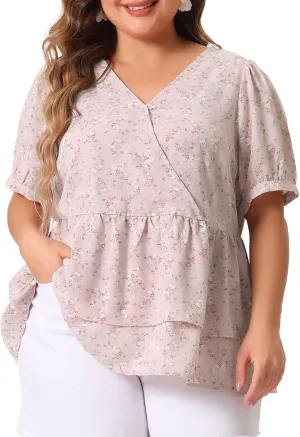 Agnes Orinda Plus Size Women's Blouse V Neck Short Sleeve Layered Peplum Tops 2024 Summer Floral Blouses