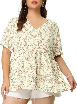 Agnes Orinda Plus Size Women's Blouse V Neck Short Sleeve Layered Peplum Tops 2024 Summer Floral Blouses