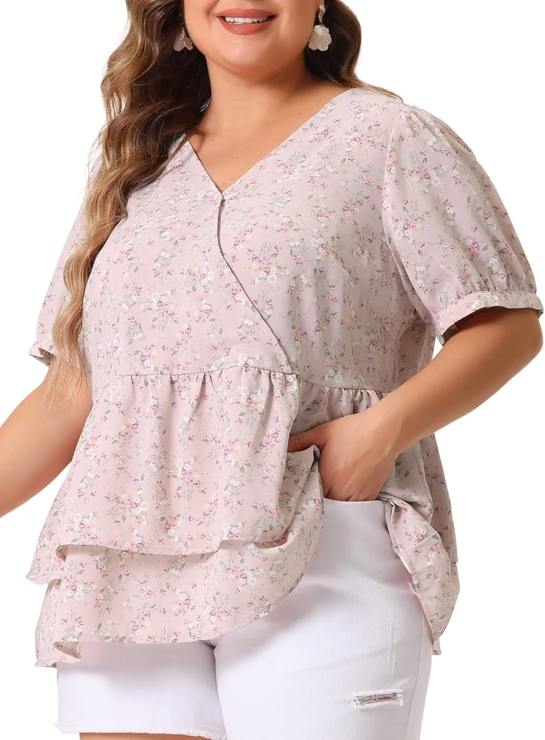Agnes Orinda Plus Size Women's Blouse V Neck Short Sleeve Layered Peplum Tops 2024 Summer Floral Blouses