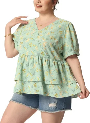 Agnes Orinda Plus Size Women's Blouse V Neck Short Sleeve Layered Peplum Tops 2024 Summer Floral Blouses