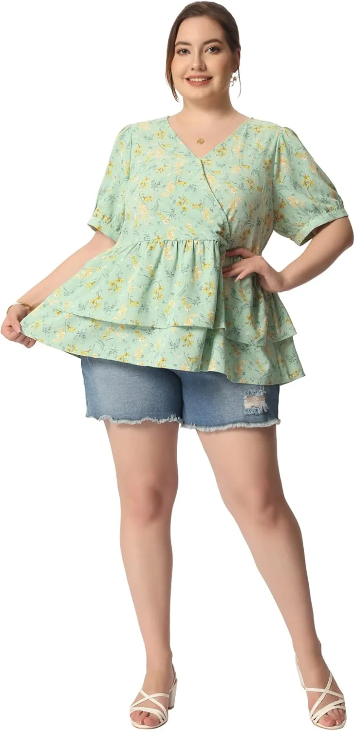 Agnes Orinda Plus Size Women's Blouse V Neck Short Sleeve Layered Peplum Tops 2024 Summer Floral Blouses