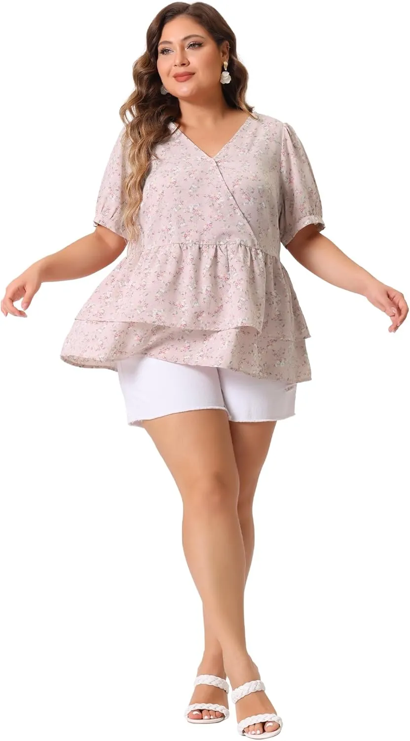 Agnes Orinda Plus Size Women's Blouse V Neck Short Sleeve Layered Peplum Tops 2024 Summer Floral Blouses