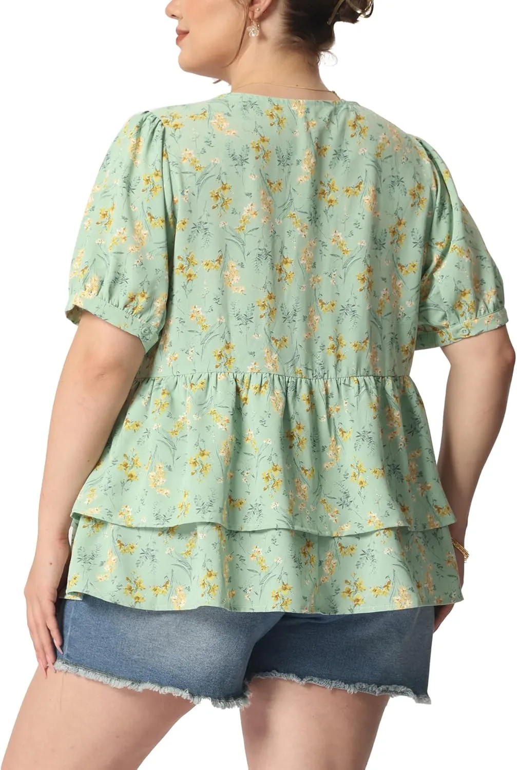 Agnes Orinda Plus Size Women's Blouse V Neck Short Sleeve Layered Peplum Tops 2024 Summer Floral Blouses