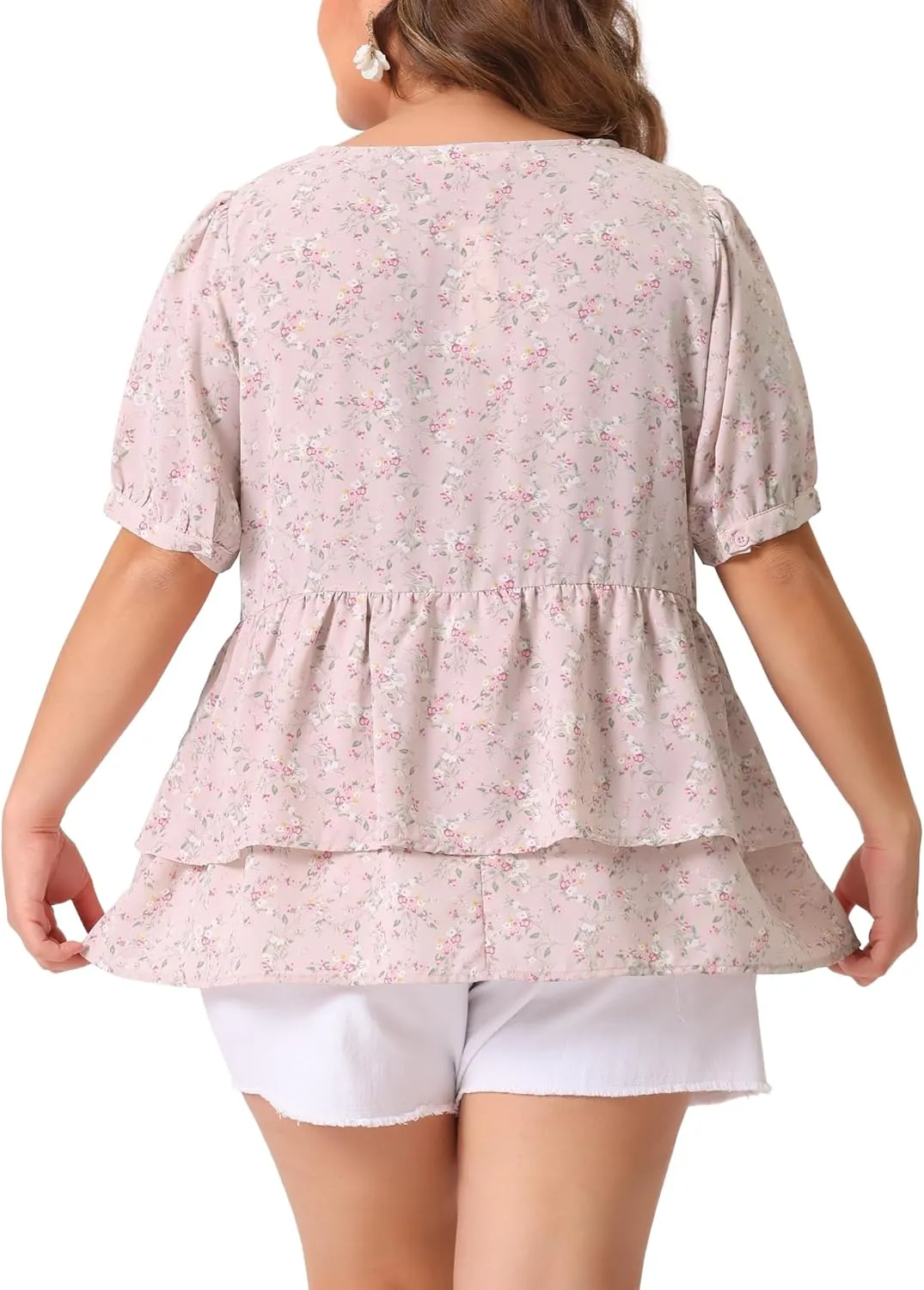 Agnes Orinda Plus Size Women's Blouse V Neck Short Sleeve Layered Peplum Tops 2024 Summer Floral Blouses