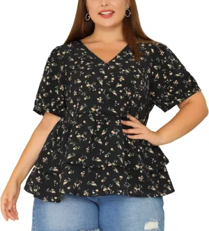 Agnes Orinda Plus Size Women's Blouse V Neck Short Sleeve Layered Peplum Tops 2024 Summer Floral Blouses