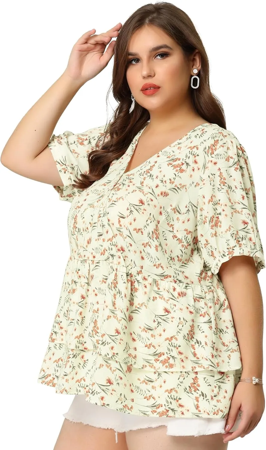 Agnes Orinda Plus Size Women's Blouse V Neck Short Sleeve Layered Peplum Tops 2024 Summer Floral Blouses