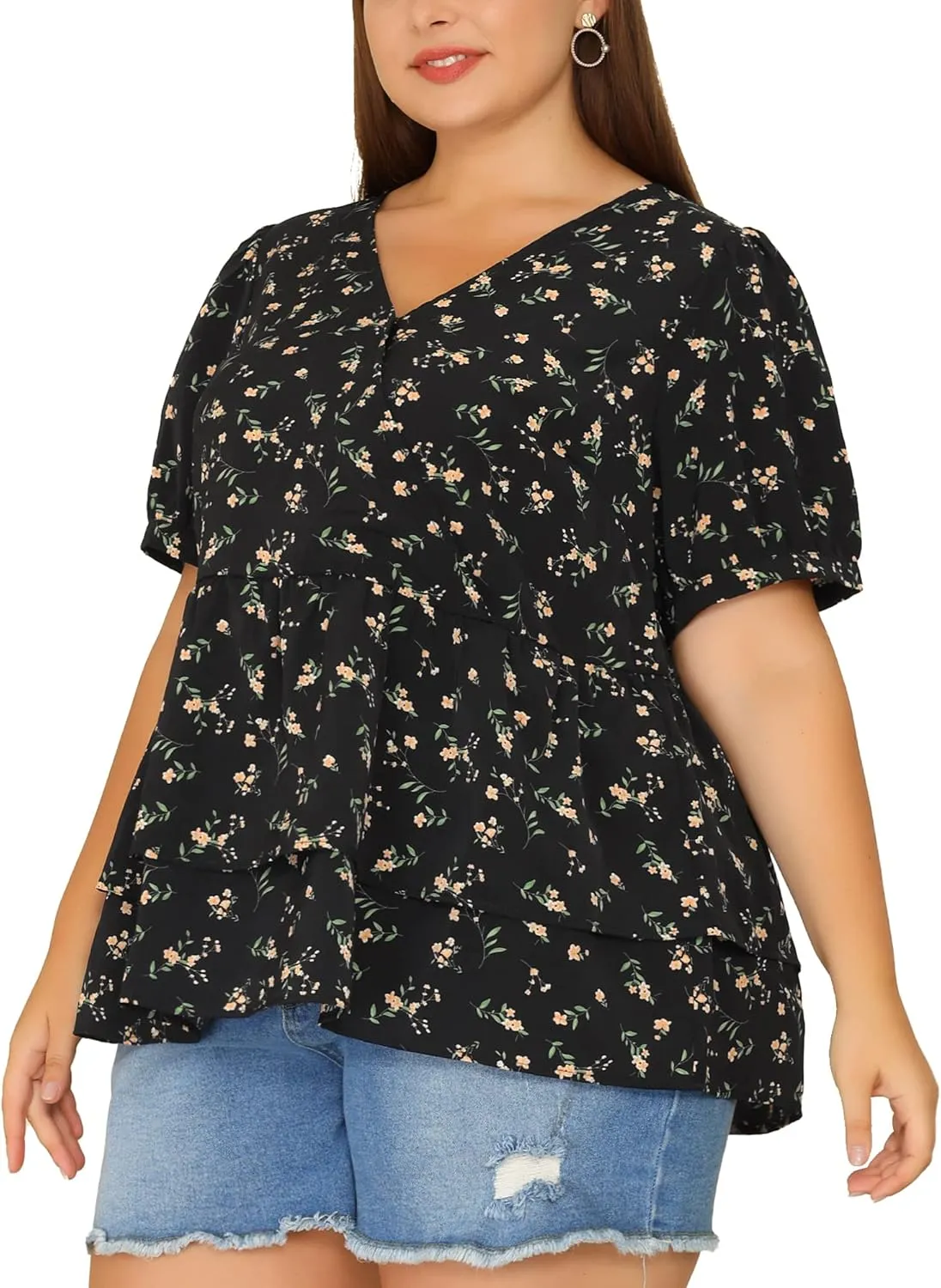 Agnes Orinda Plus Size Women's Blouse V Neck Short Sleeve Layered Peplum Tops 2024 Summer Floral Blouses