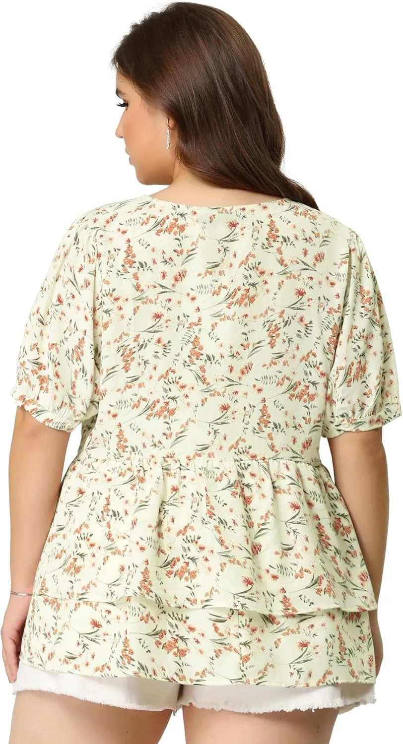 Agnes Orinda Plus Size Women's Blouse V Neck Short Sleeve Layered Peplum Tops 2024 Summer Floral Blouses