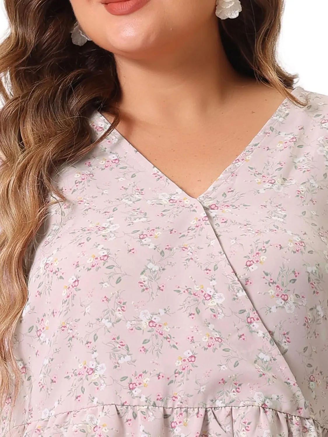 Agnes Orinda Plus Size Women's Blouse V Neck Short Sleeve Layered Peplum Tops 2024 Summer Floral Blouses