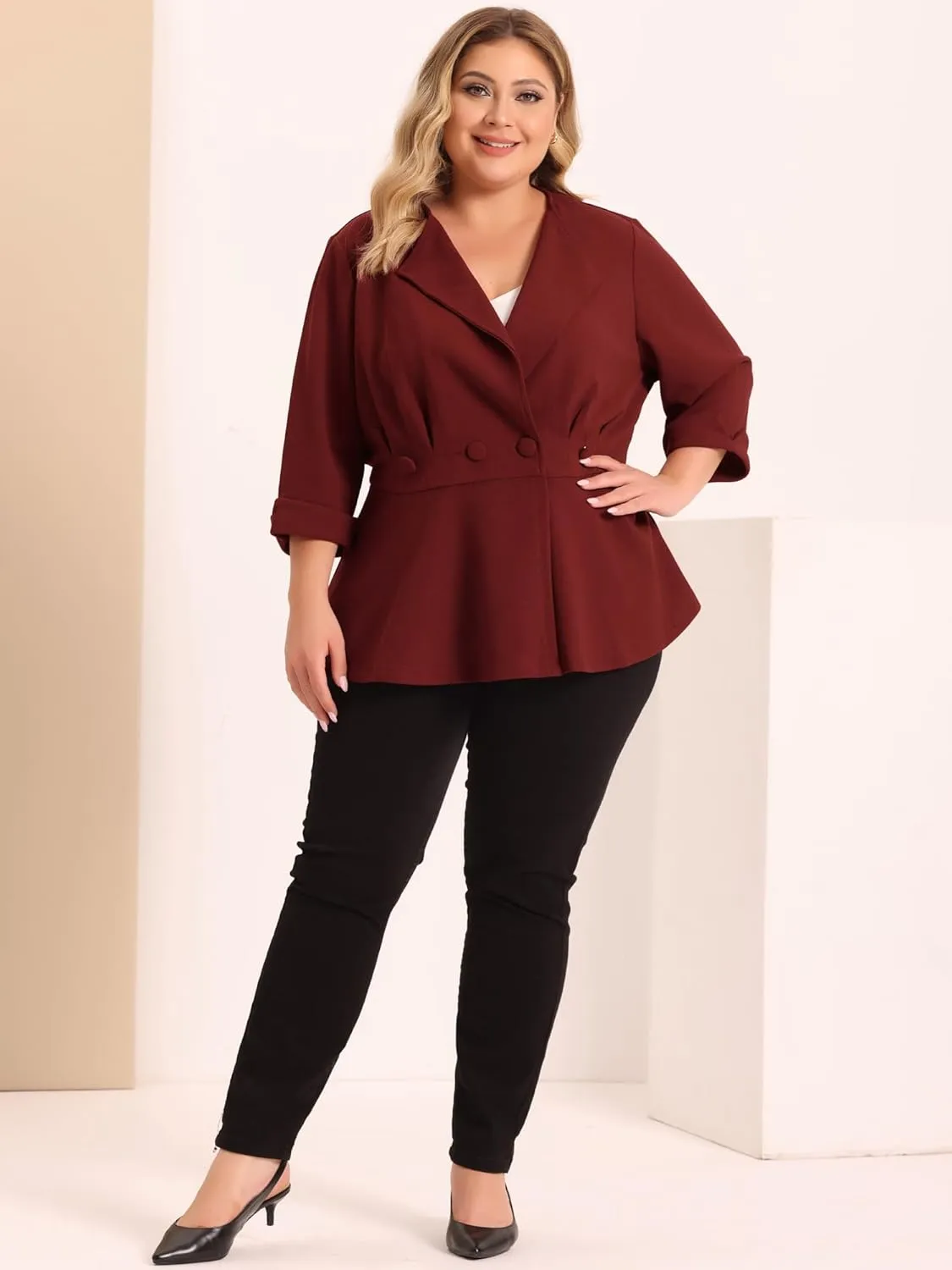 Agnes Orinda Women's Plus Size Casual Work Office Blazers Notched Lapel Button Peplum Blazer