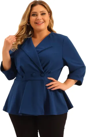 Agnes Orinda Women's Plus Size Casual Work Office Blazers Notched Lapel Button Peplum Blazer