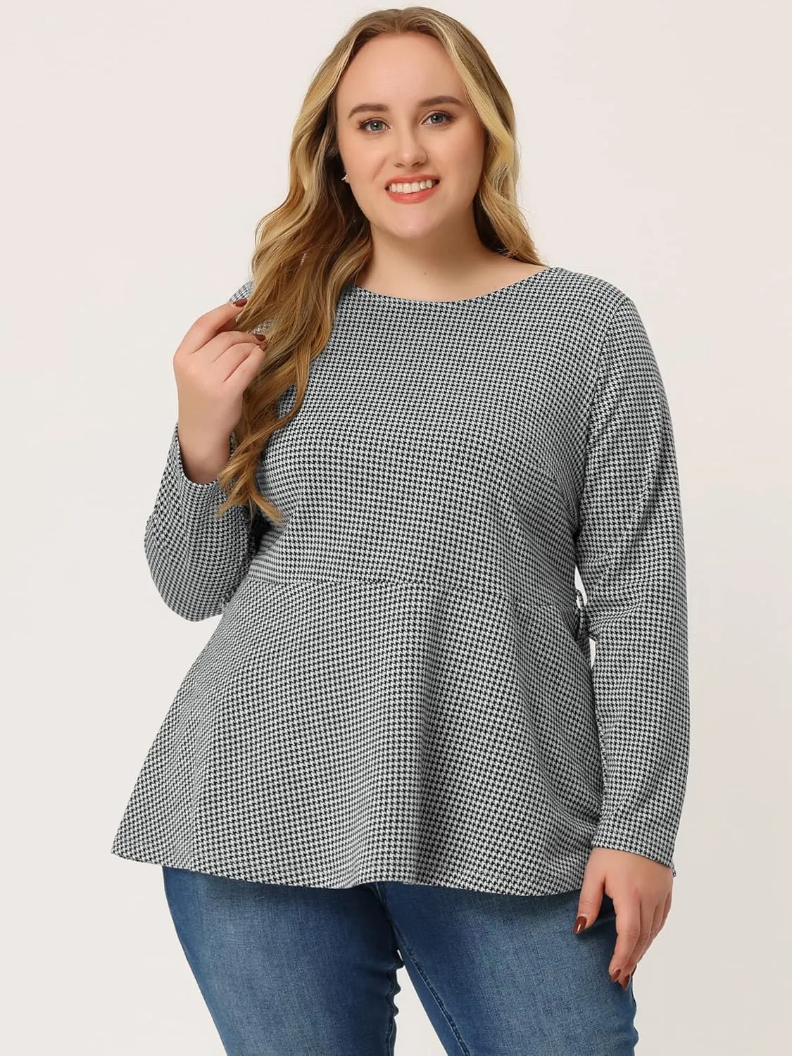 Agnes Orinda Women's Plus Size Peplum Tops Belted Tie Houndstooth Blouse Work Office Long Sleeve Tunic Shirts