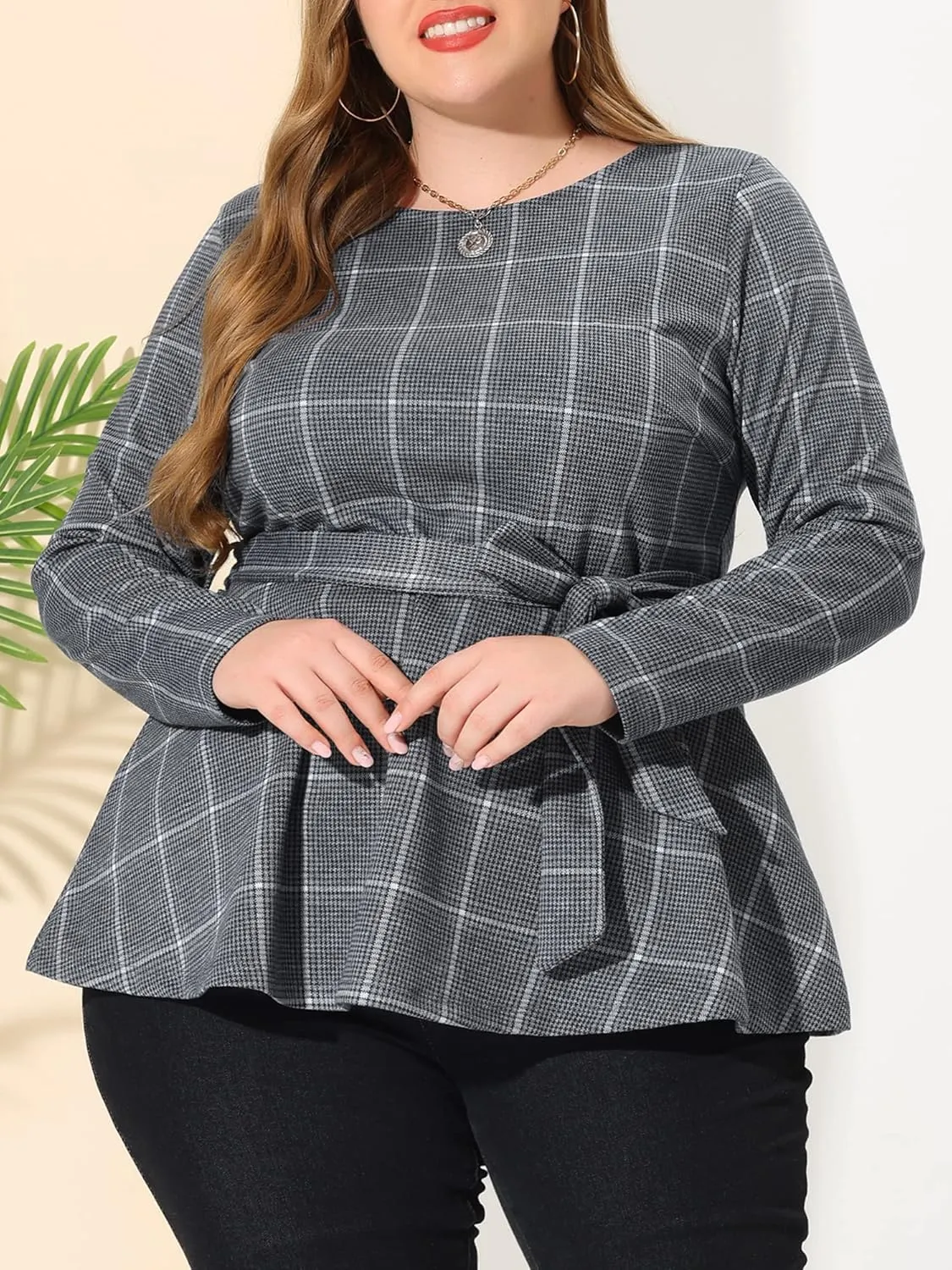 Agnes Orinda Women's Plus Size Peplum Tops Belted Tie Houndstooth Blouse Work Office Long Sleeve Tunic Shirts