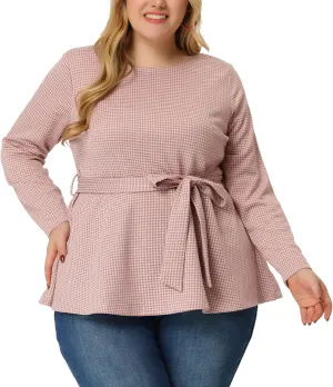 Agnes Orinda Women's Plus Size Peplum Tops Belted Tie Houndstooth Blouse Work Office Long Sleeve Tunic Shirts