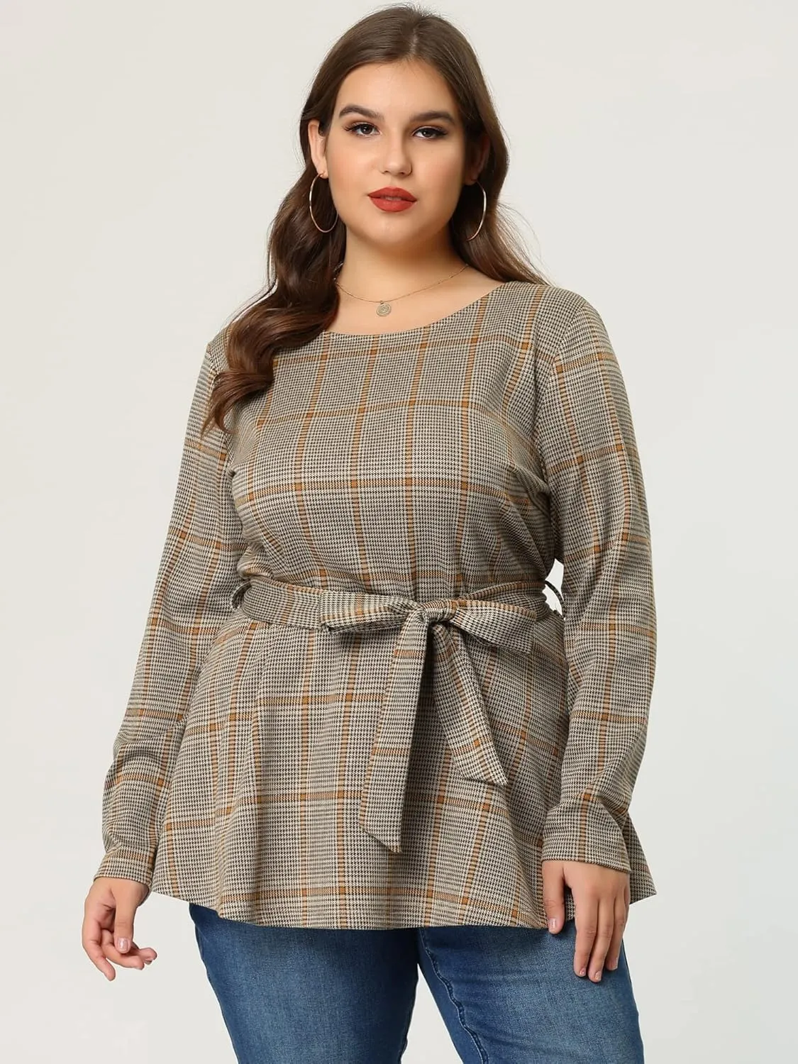 Agnes Orinda Women's Plus Size Peplum Tops Belted Tie Houndstooth Blouse Work Office Long Sleeve Tunic Shirts