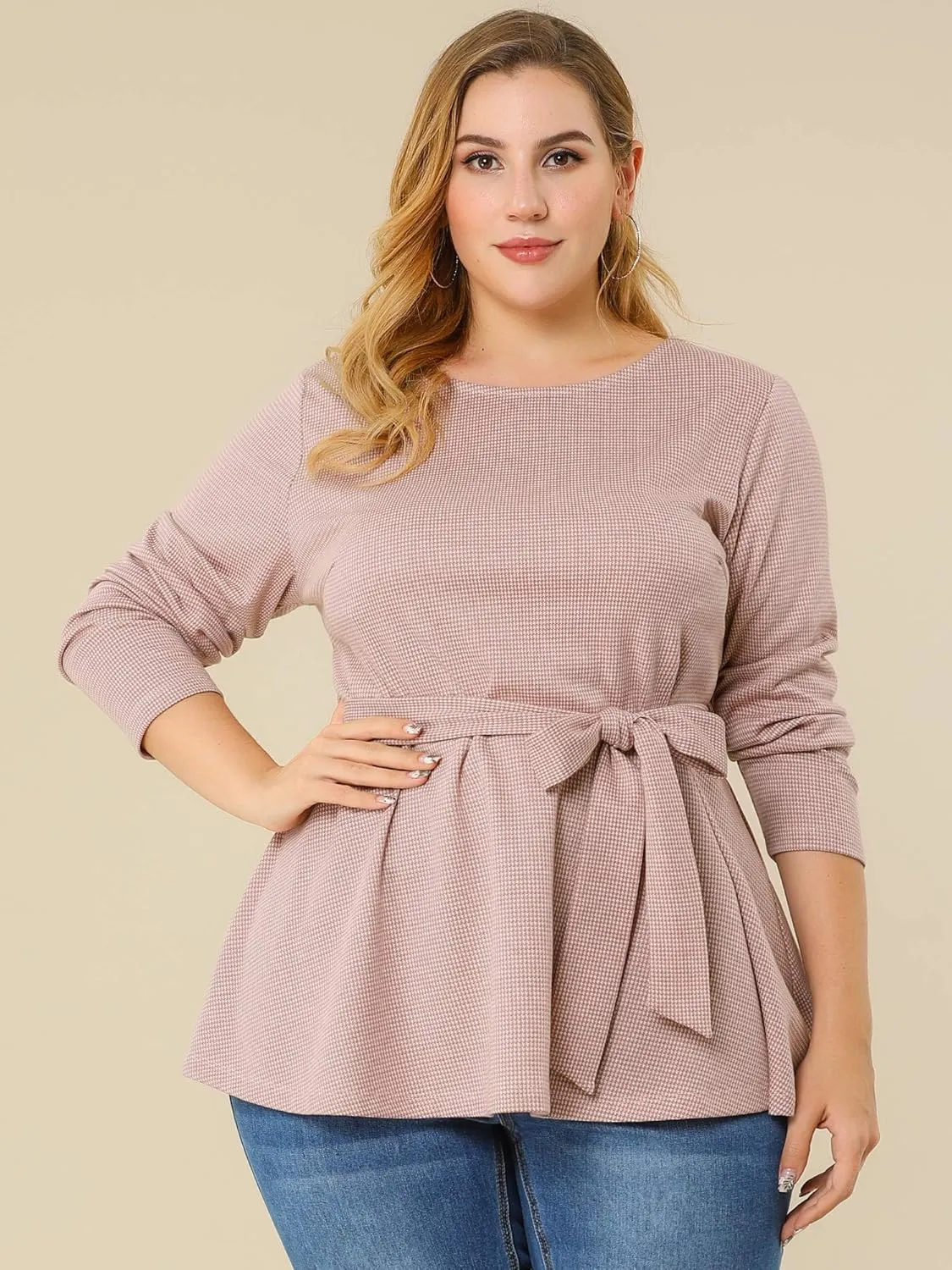 Agnes Orinda Women's Plus Size Peplum Tops Belted Tie Houndstooth Blouse Work Office Long Sleeve Tunic Shirts