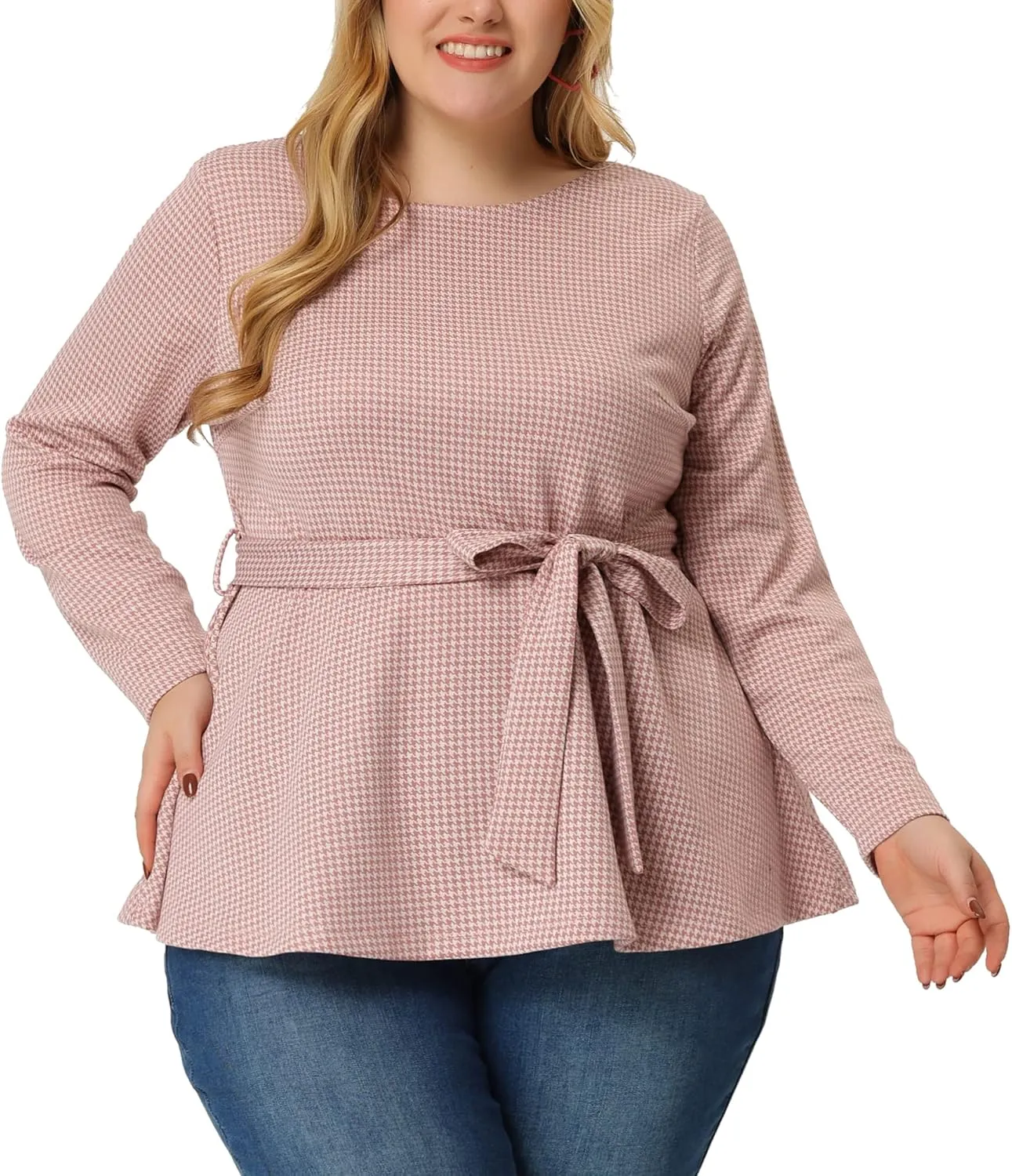 Agnes Orinda Women's Plus Size Peplum Tops Belted Tie Houndstooth Blouse Work Office Long Sleeve Tunic Shirts
