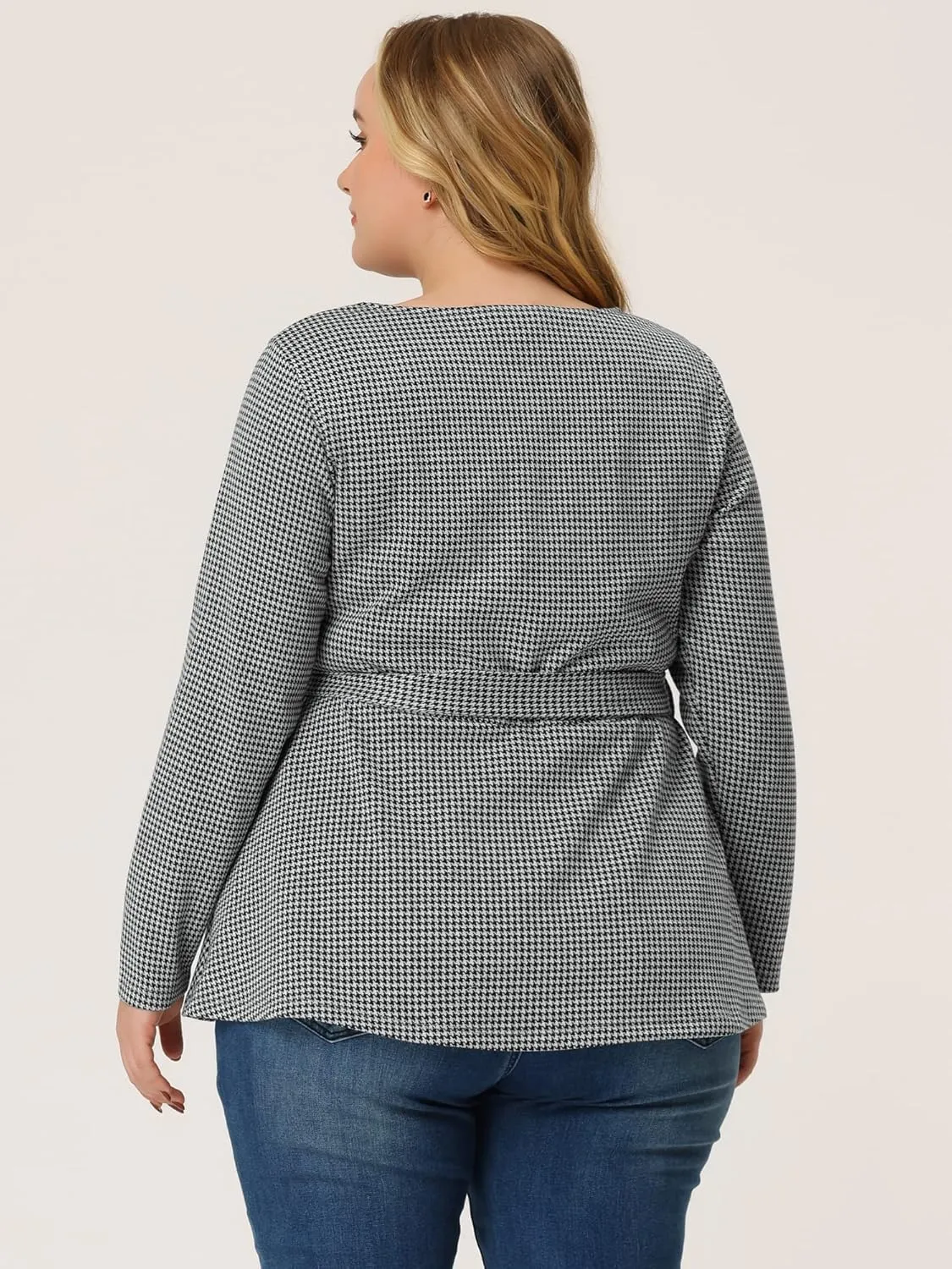 Agnes Orinda Women's Plus Size Peplum Tops Belted Tie Houndstooth Blouse Work Office Long Sleeve Tunic Shirts