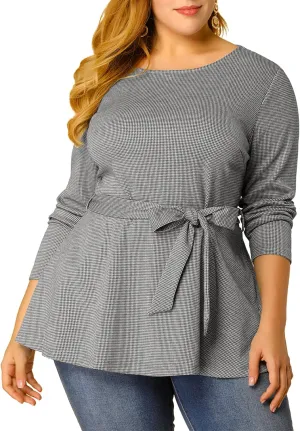 Agnes Orinda Women's Plus Size Peplum Tops Belted Tie Houndstooth Blouse Work Office Long Sleeve Tunic Shirts