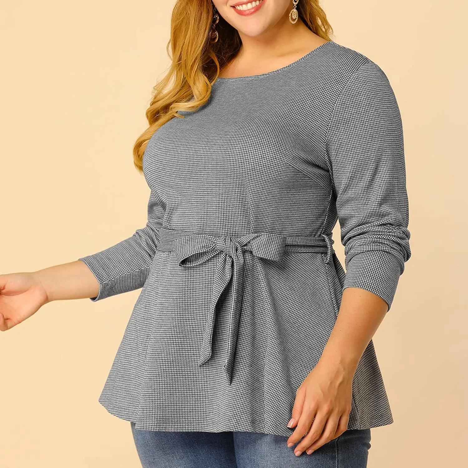 Agnes Orinda Women's Plus Size Peplum Tops Belted Tie Houndstooth Blouse Work Office Long Sleeve Tunic Shirts