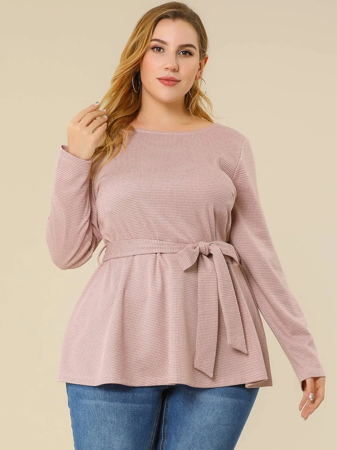 Agnes Orinda Women's Plus Size Peplum Tops Belted Tie Houndstooth Blouse Work Office Long Sleeve Tunic Shirts