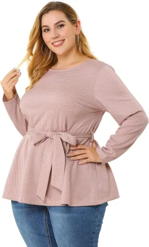 Agnes Orinda Women's Plus Size Peplum Tops Belted Tie Houndstooth Blouse Work Office Long Sleeve Tunic Shirts