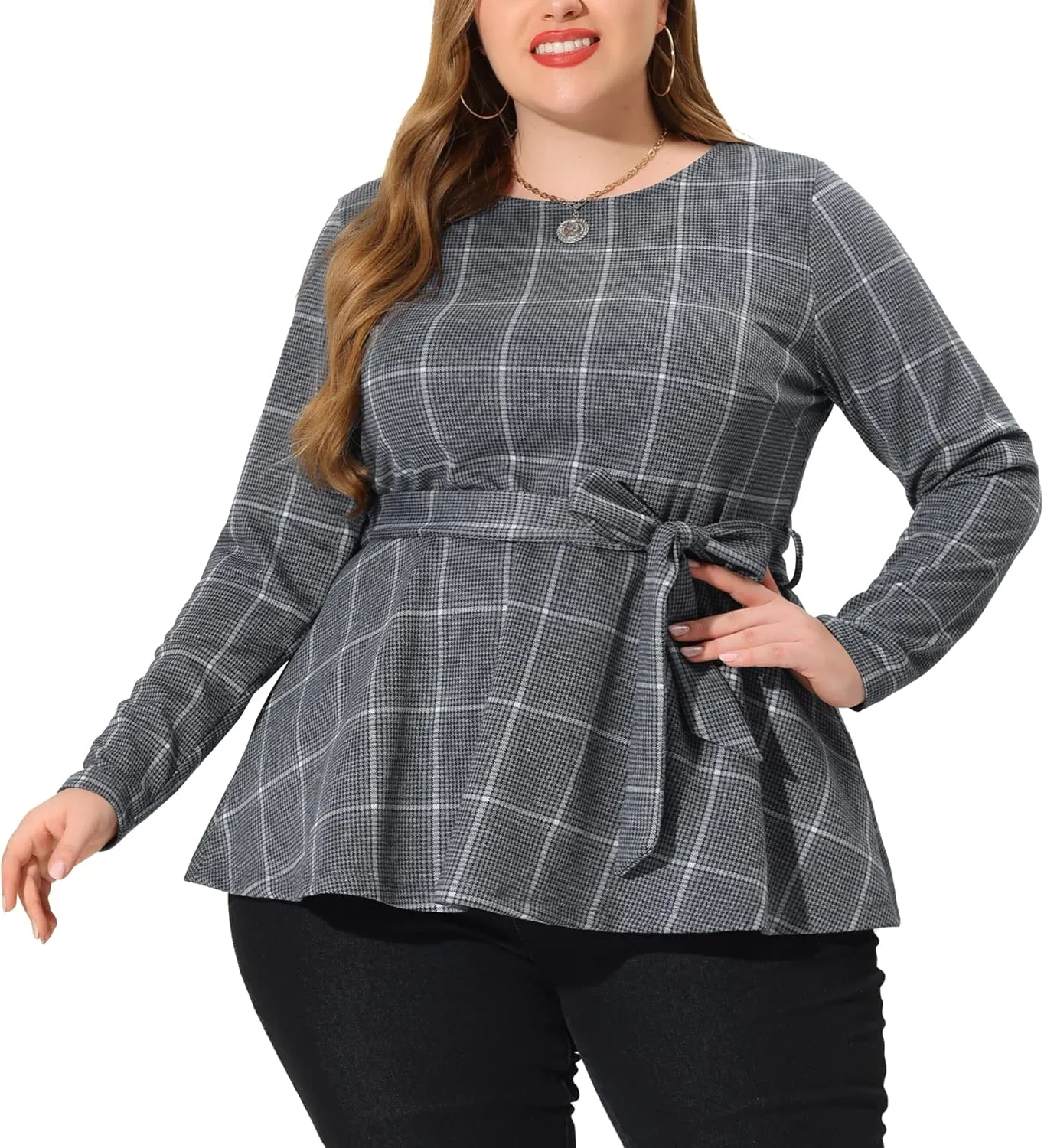 Agnes Orinda Women's Plus Size Peplum Tops Belted Tie Houndstooth Blouse Work Office Long Sleeve Tunic Shirts