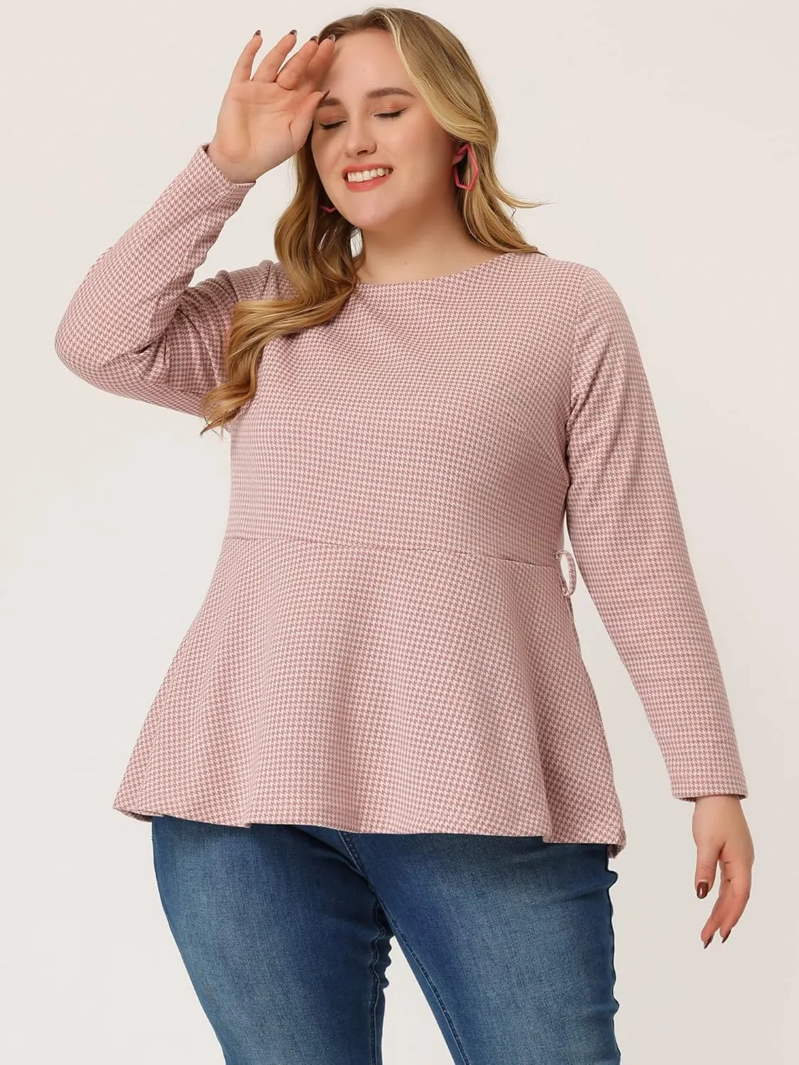 Agnes Orinda Women's Plus Size Peplum Tops Belted Tie Houndstooth Blouse Work Office Long Sleeve Tunic Shirts